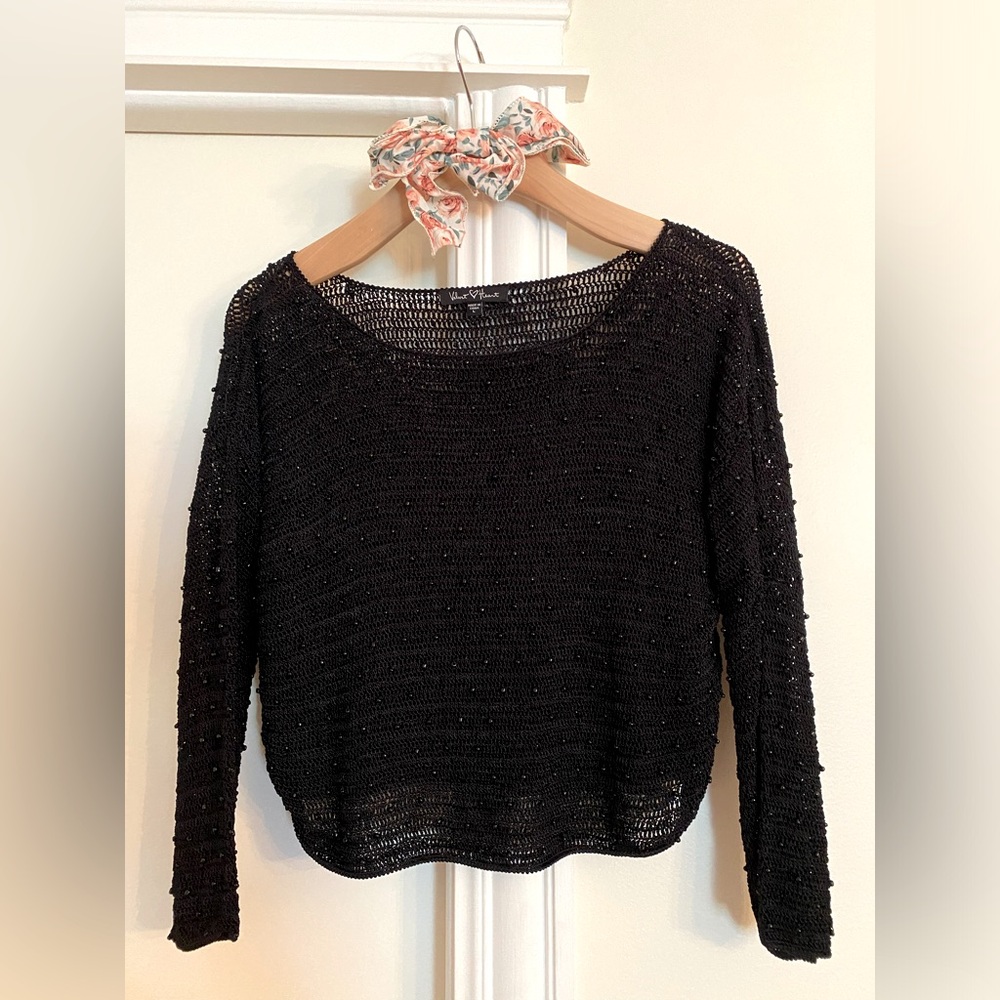 Velvet Heart crochet knit cropped sweater with black beads -large